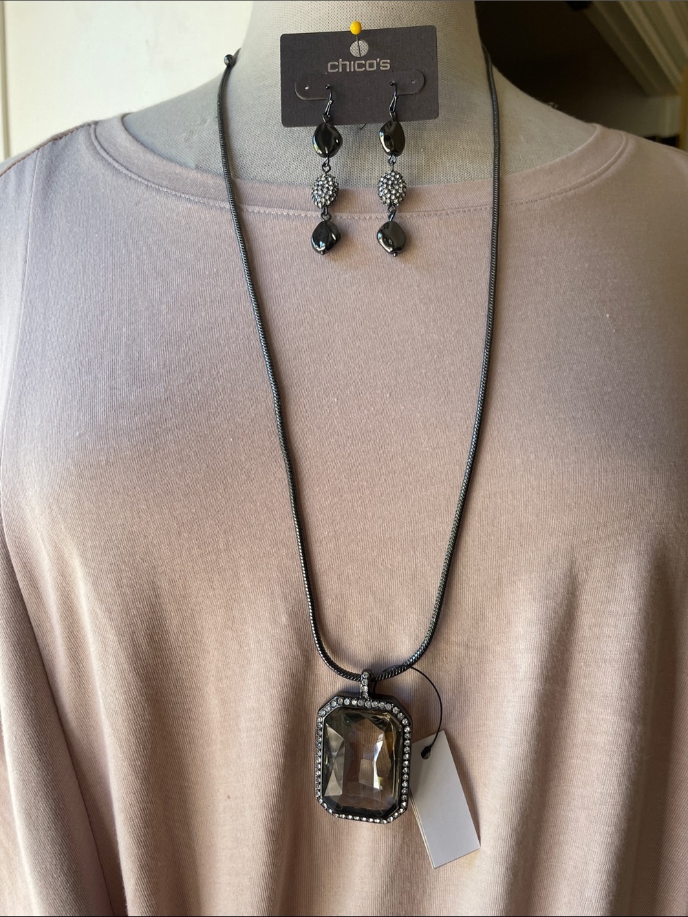 Chico's NWT Smoky Crystal Pendant Necklace with Matching Drop Earrings -